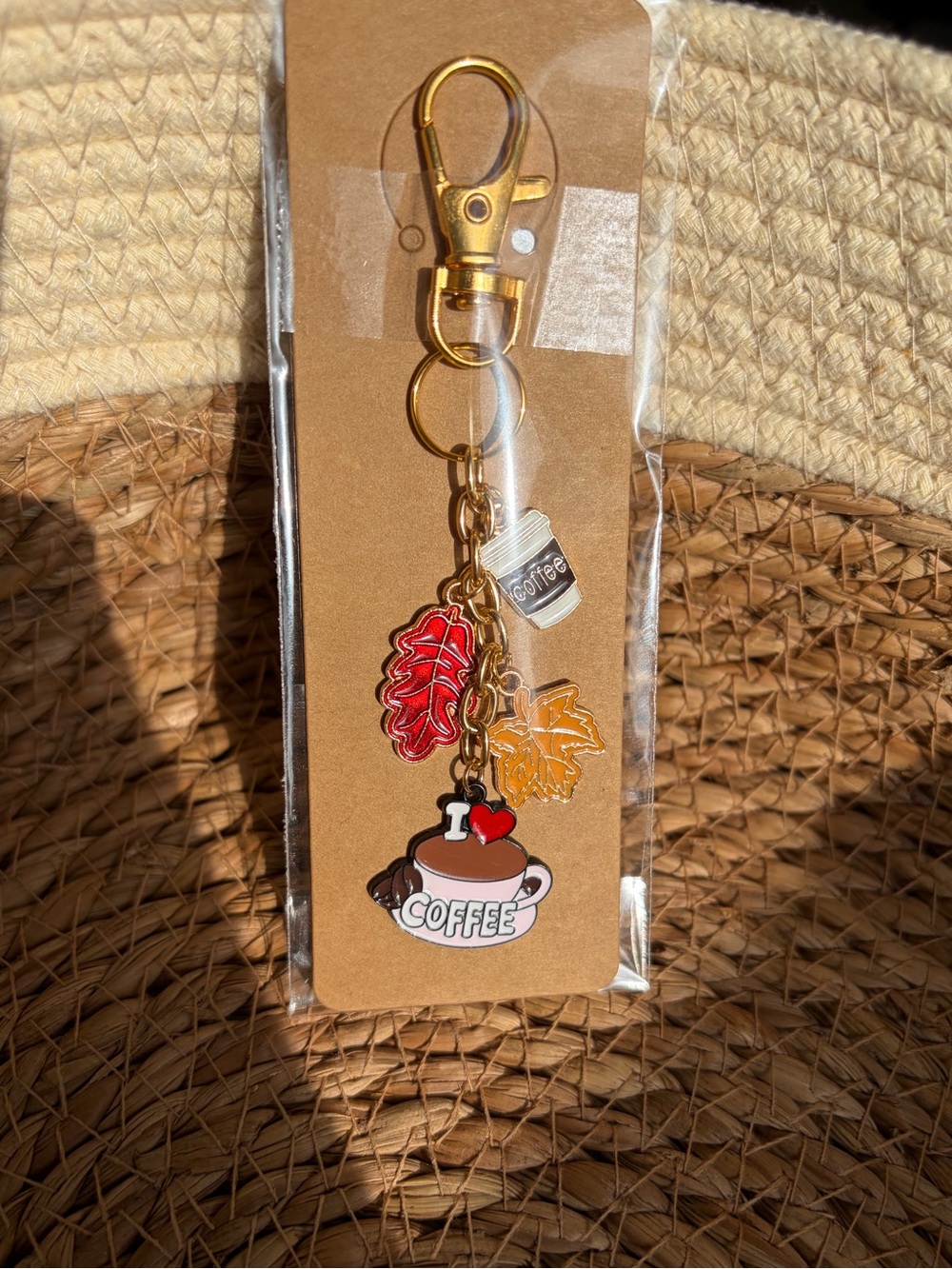 I Heart Coffee Fall Leaf Charm Keychain - Red & Gold